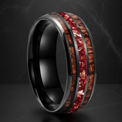 8mm Hawaiian Koa Wood Red Crystal Tungsten Ring