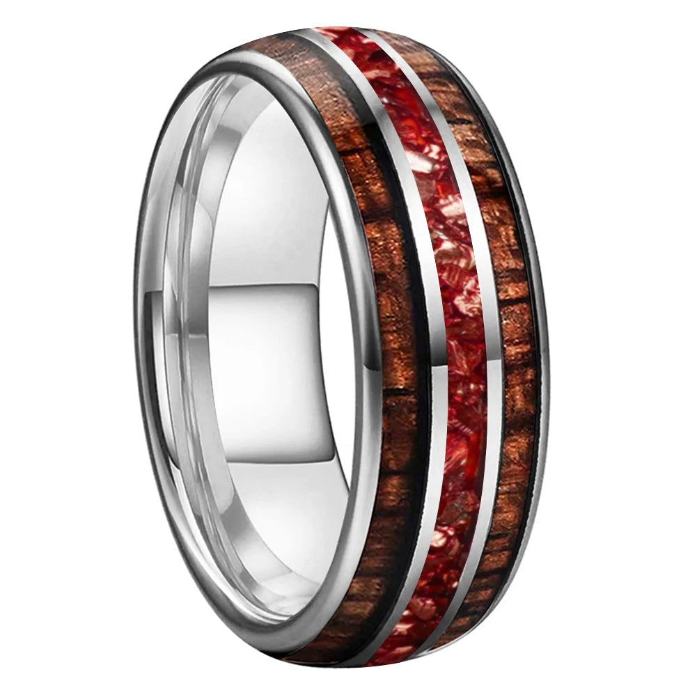 8mm Hawaiian Koa Wood Red Crystal Tungsten Ring