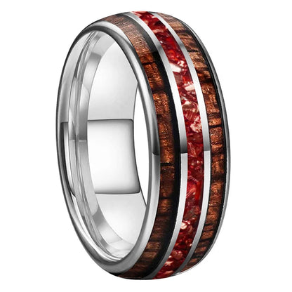 8mm Hawaiian Koa Wood Red Crystal Tungsten Ring