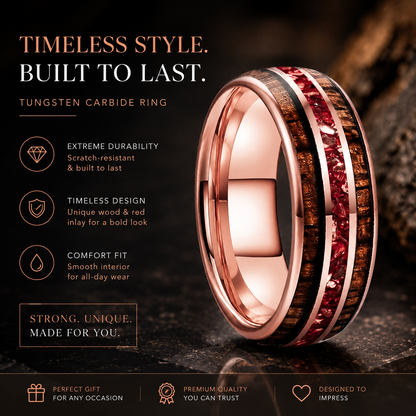 8mm Hawaiian Koa Wood Red Crystal Tungsten Ring