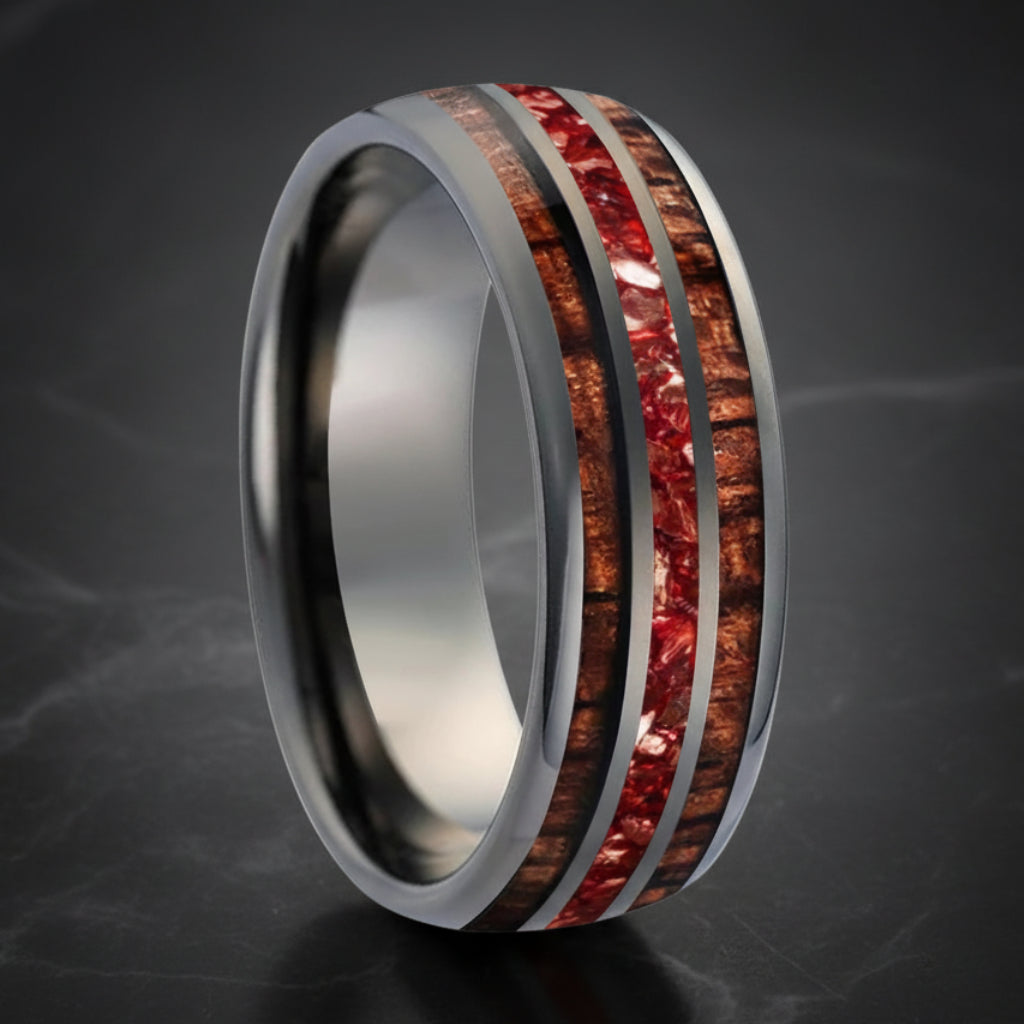 8mm Hawaiian Koa Wood Red Crystal Tungsten Ring
