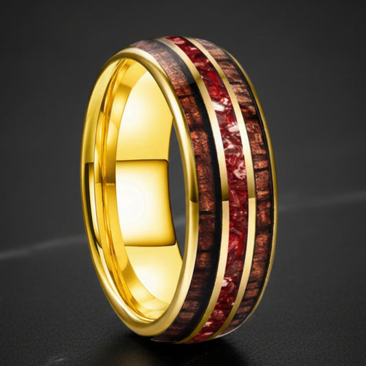 8mm Hawaiian Koa Wood Red Crystal Tungsten Ring