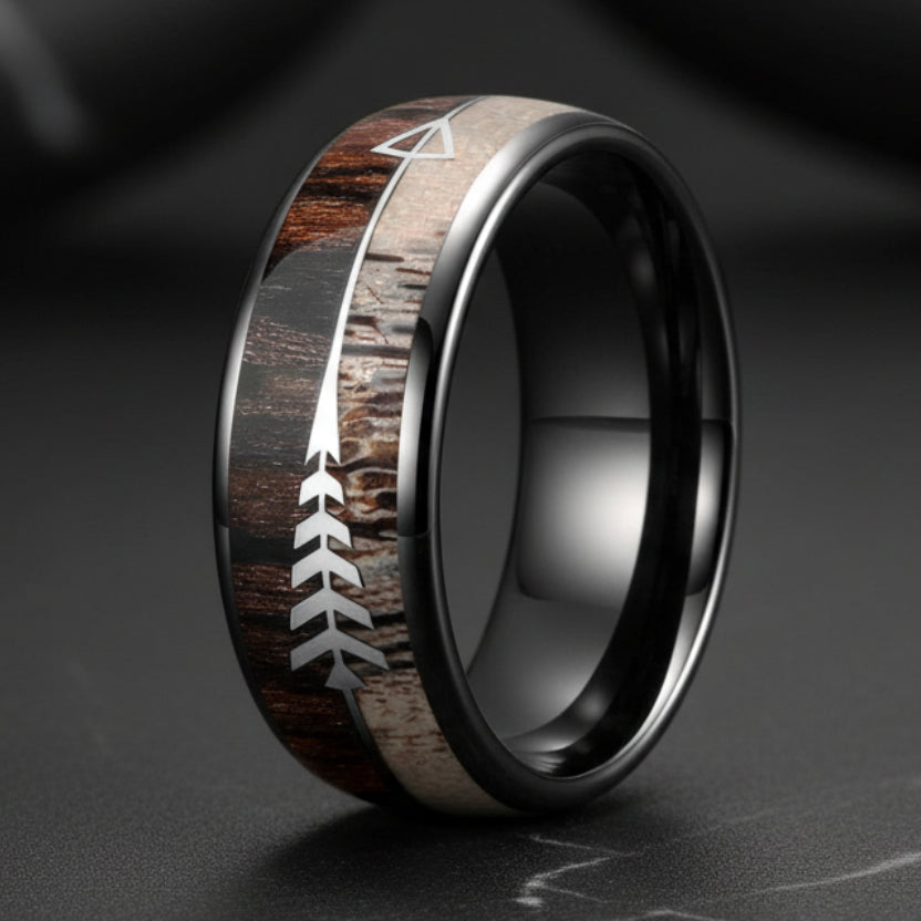 8mm Koa Wood, Zebra Wood & Antler Tungsten Ring