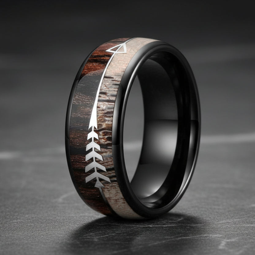 8mm Koa Wood, Zebra Wood & Antler Tungsten Ring