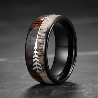8mm Koa Wood, Zebra Wood & Antler Tungsten Ring