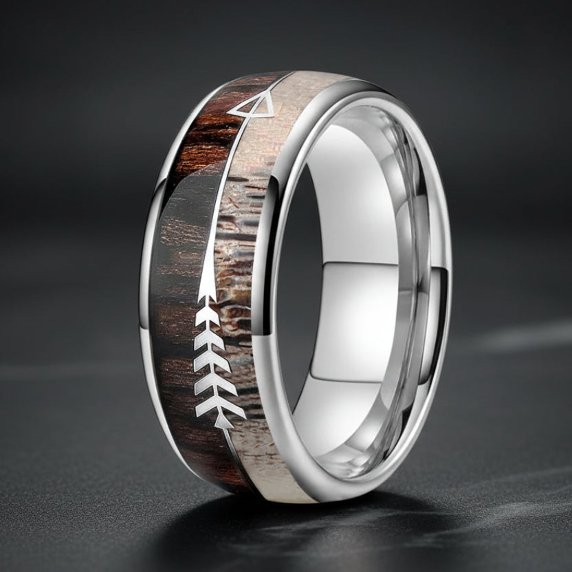 8mm Koa Wood, Zebra Wood & Antler Tungsten Ring