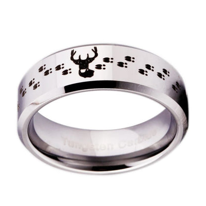 Silver ring with deer and paw print design