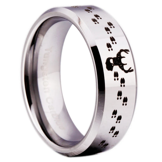 “8mm Men’s Tungsten Ring – Buck & Deer Tracks Design”