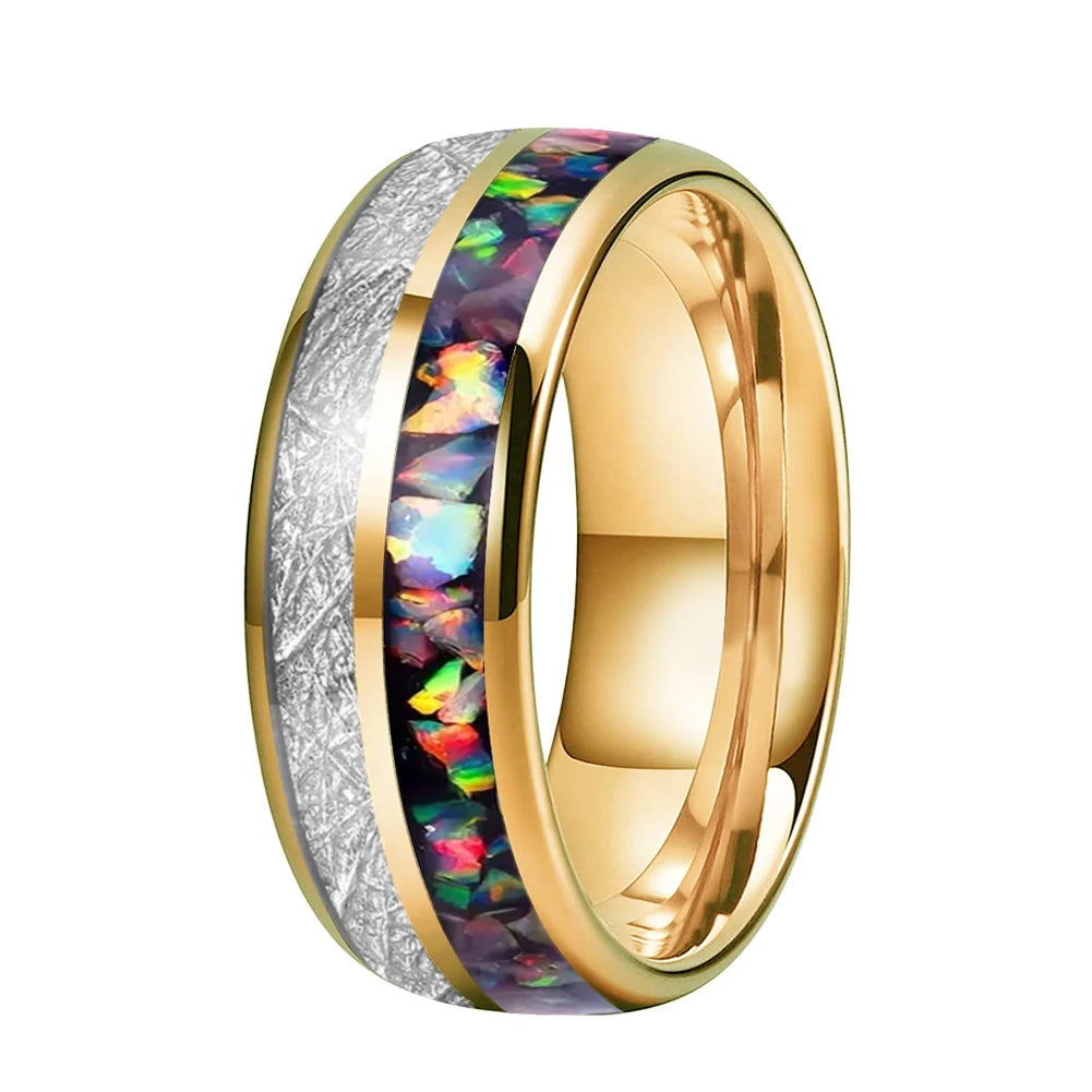 8mm Opal & White Meteorite Tungsten Ring