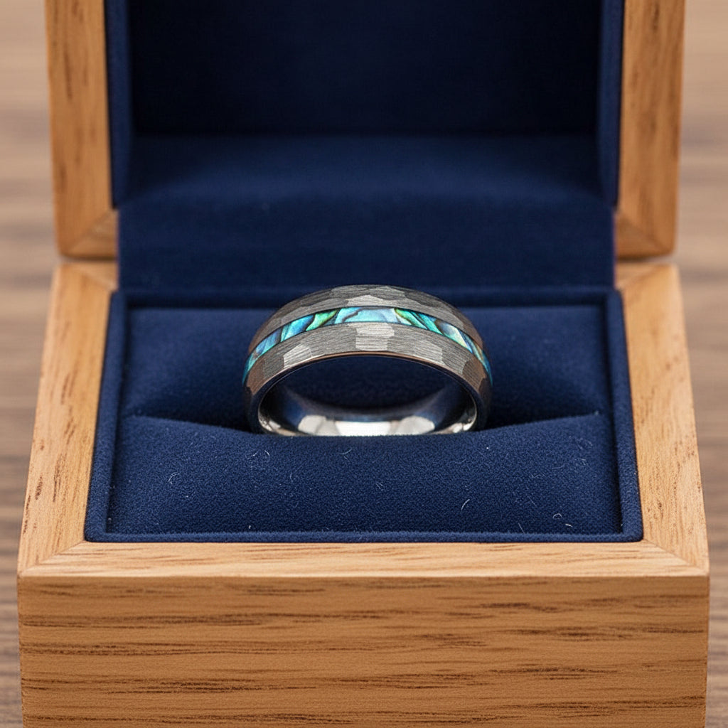 8mm Silver Tungsten Hammered Ring