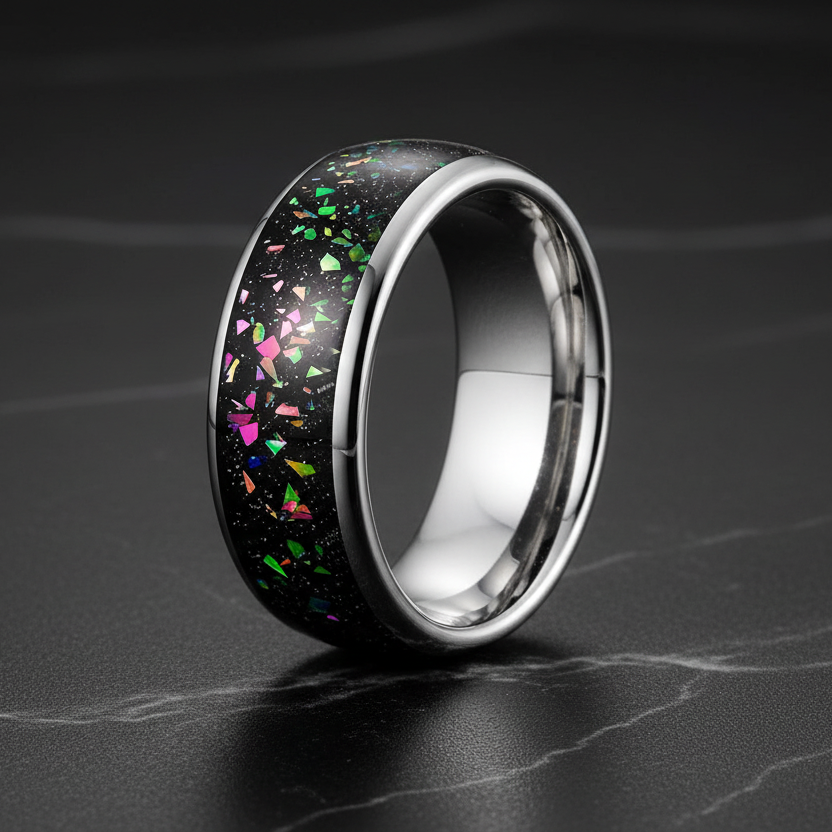 8mm Tungsten Ring with Galaxy Opal Inlay