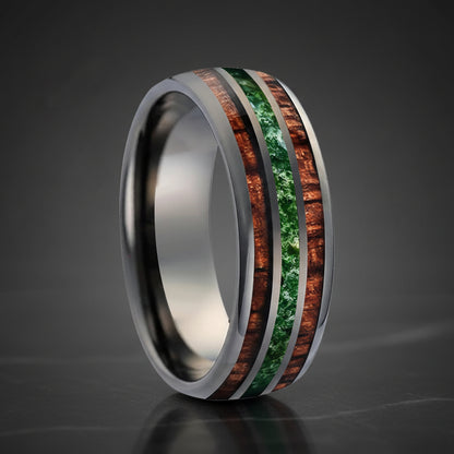 8mm Tungsten Ring with Koa Wood & Moss Agate Inlay