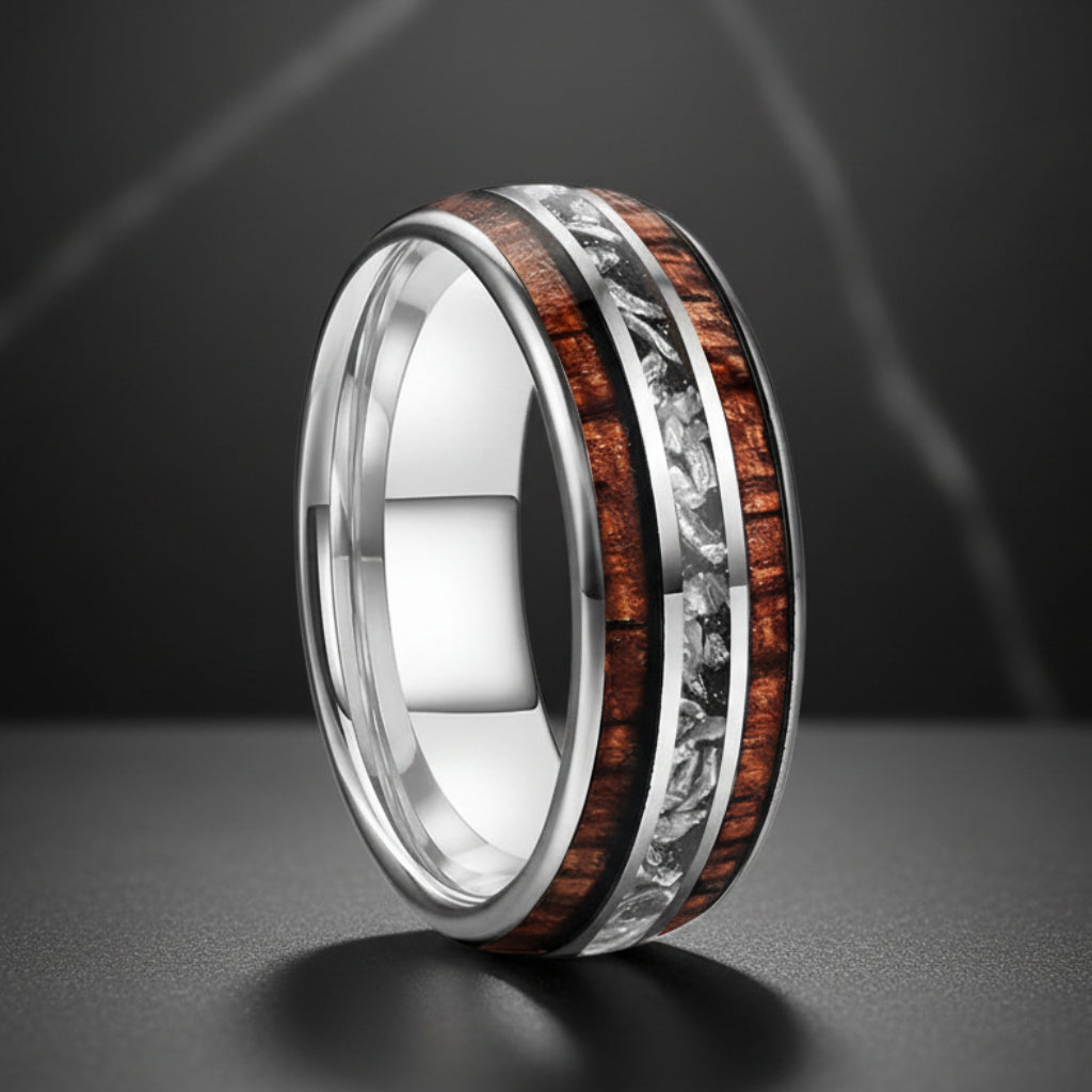 8mm Tungsten Carbide Ring – Koa Wood & Meteorite Inlay