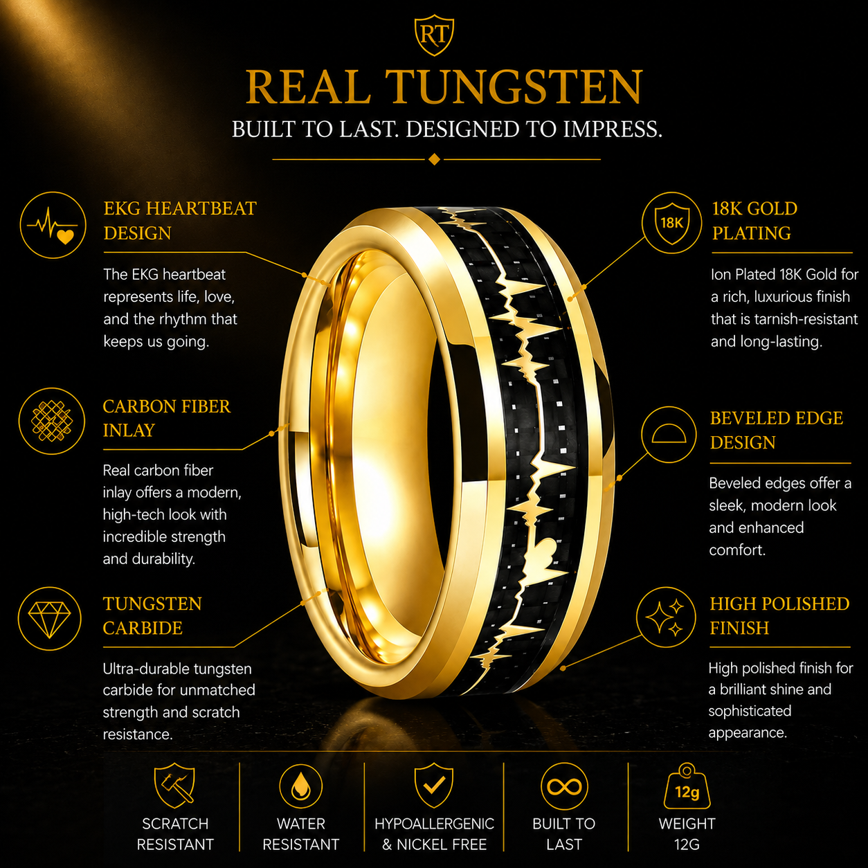 8mm Tungsten Carbide Ring with Carbon Fiber Inlay Gold Plated EKG Heartbeat Design