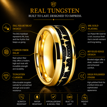 8mm Tungsten Carbide Ring with Carbon Fiber Inlay Gold Plated EKG Heartbeat Design