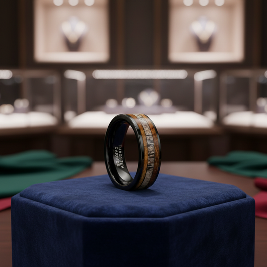 8mm Tungsten Deer Antler Ring with Whiskey Barrel Wood Inlay