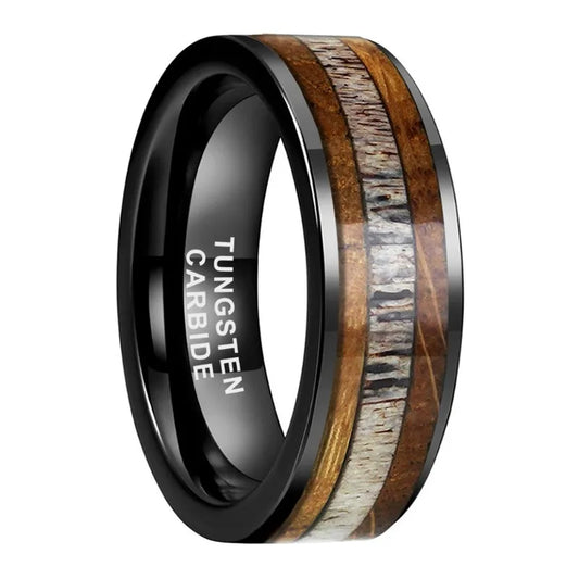 8mm Tungsten Deer Antler Ring with Whiskey Barrel Wood Inlay
