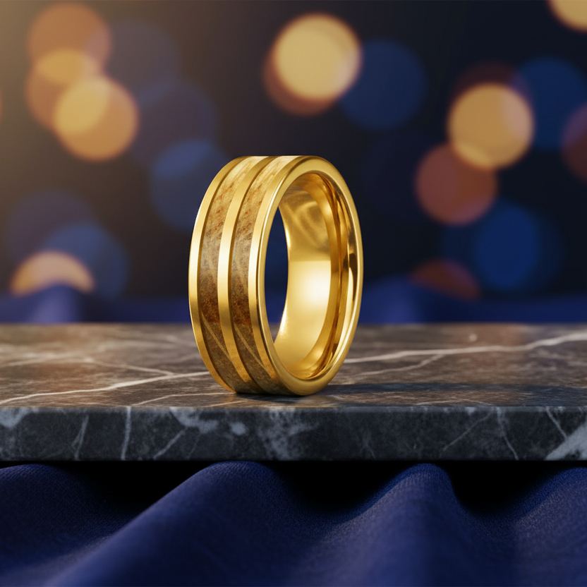 8mm Tungsten Ring with Whiskey Wood Inlay