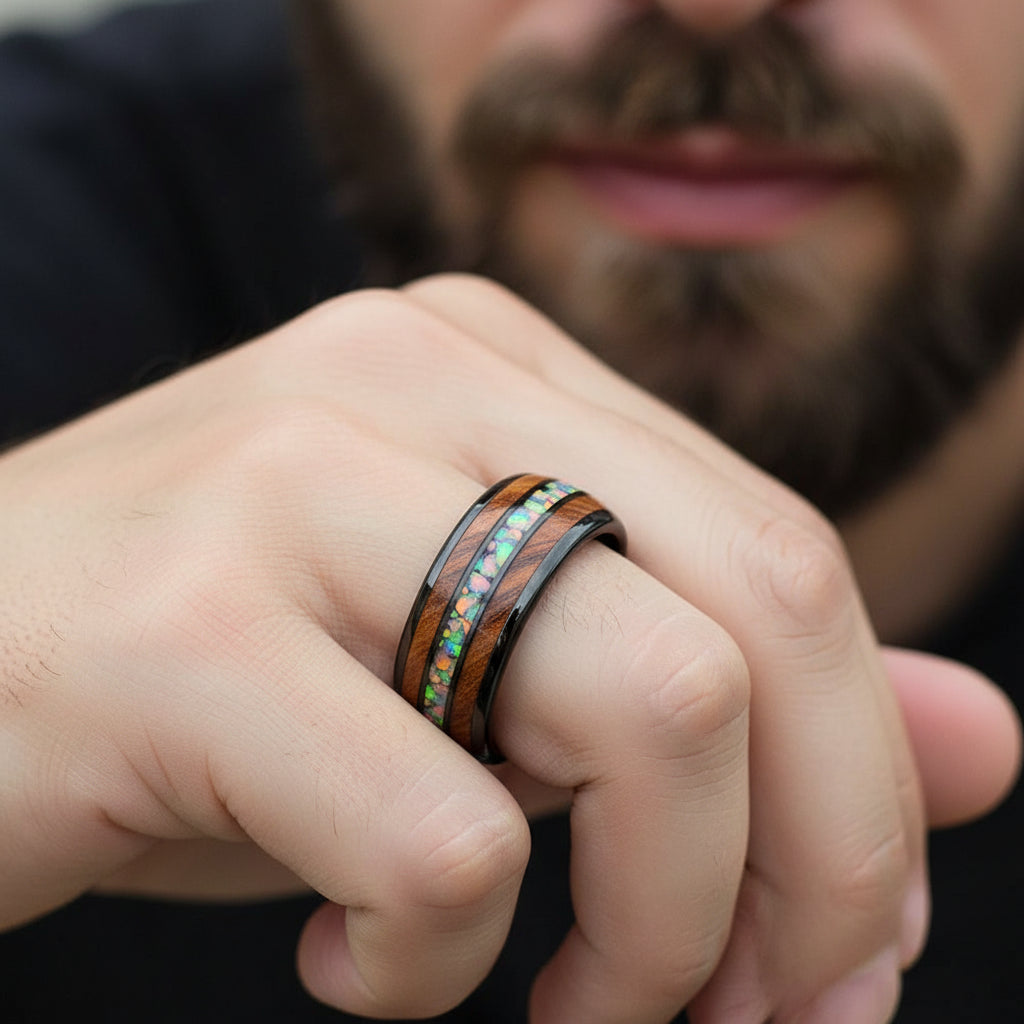 8mm Tungsten Ring Men Women Opal Koa Wood Rainbow Inlay