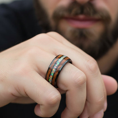 8mm Tungsten Ring Men Women Opal Koa Wood Rainbow Inlay