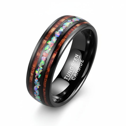 8mm Tungsten Ring Men Women Opal Koa Wood Rainbow Inlay