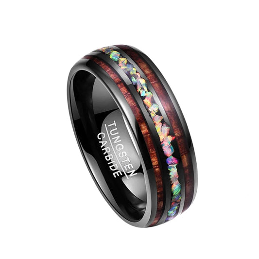 8mm Tungsten Ring Men Women Opal Koa Wood Rainbow Inlay