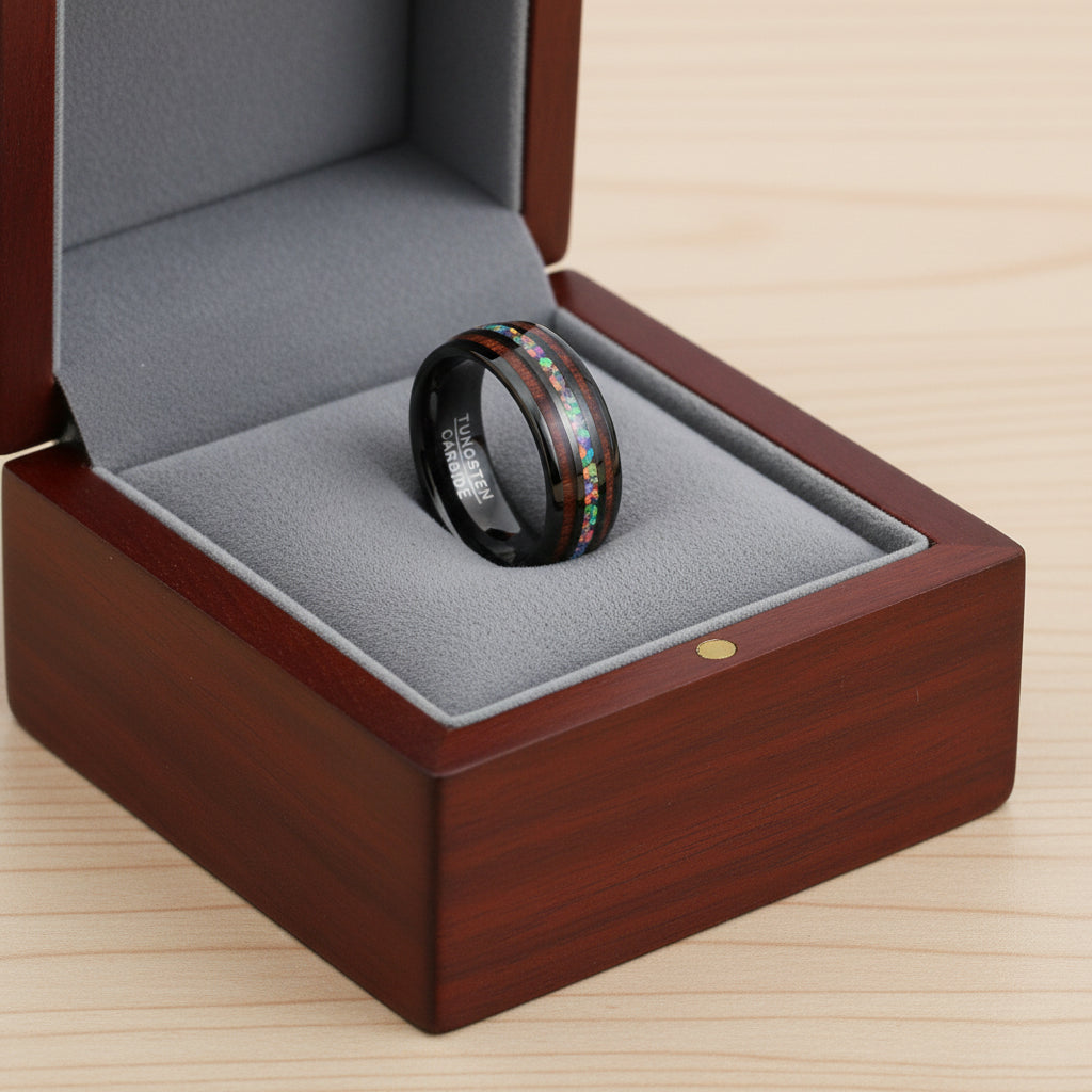 8mm_Tungsten_Ring_Men_Women_Opal_Koa_Wood_Rainbow_Inlay