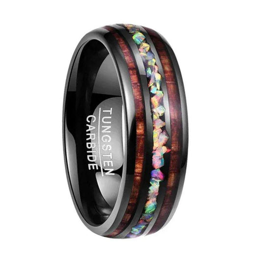 8mm_Tungsten_Ring_Men_Women_Opal_Koa_Wood_Rainbow_Inlay
