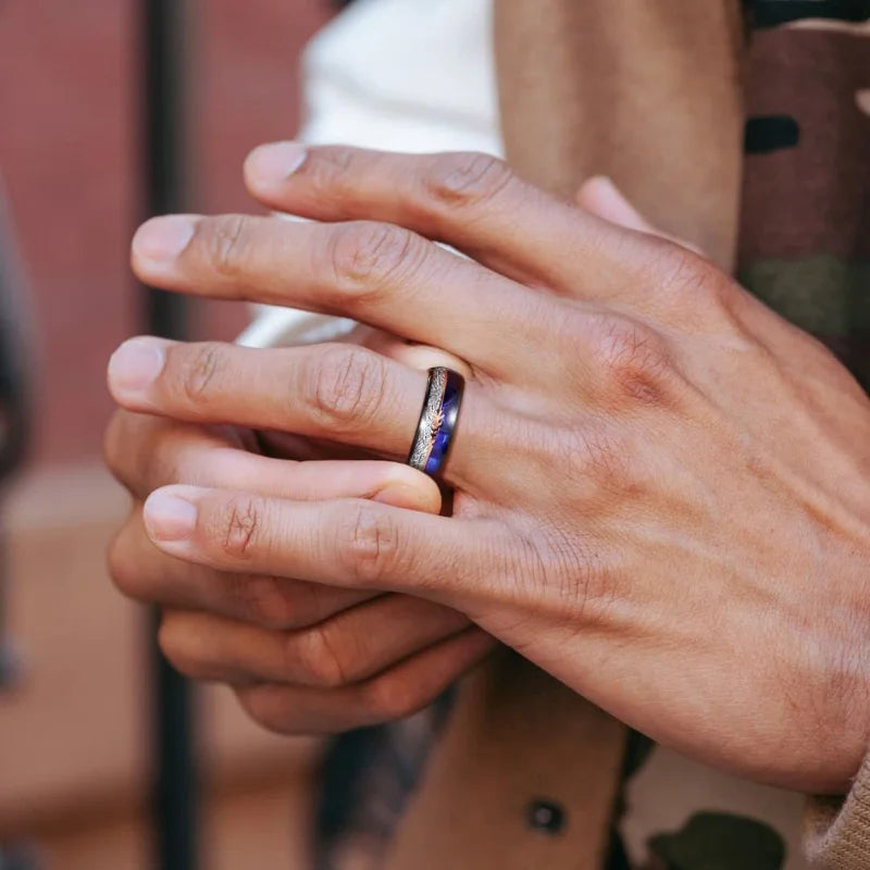 8mm Tungsten Ring – Meteorite & Blue Crushed Shell Arrow Inlay
