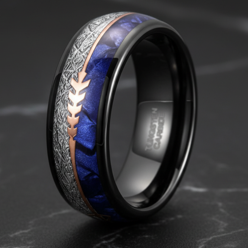 8mm_Tungsten_Ring_Meteorite_Blue_Crushed_Shell-Arrow-Inlay
