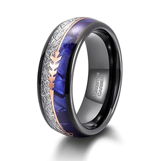 8mm Tungsten Ring – Meteorite & Blue Crushed Shell Arrow Inlay