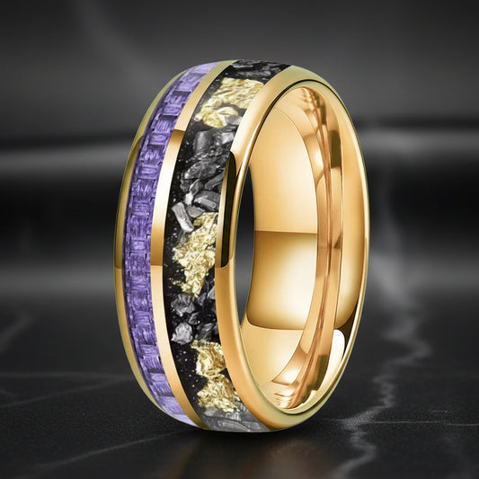 8mm Tungsten Ring – Purple Carbon Fiber, Meteorite & Gold Foil