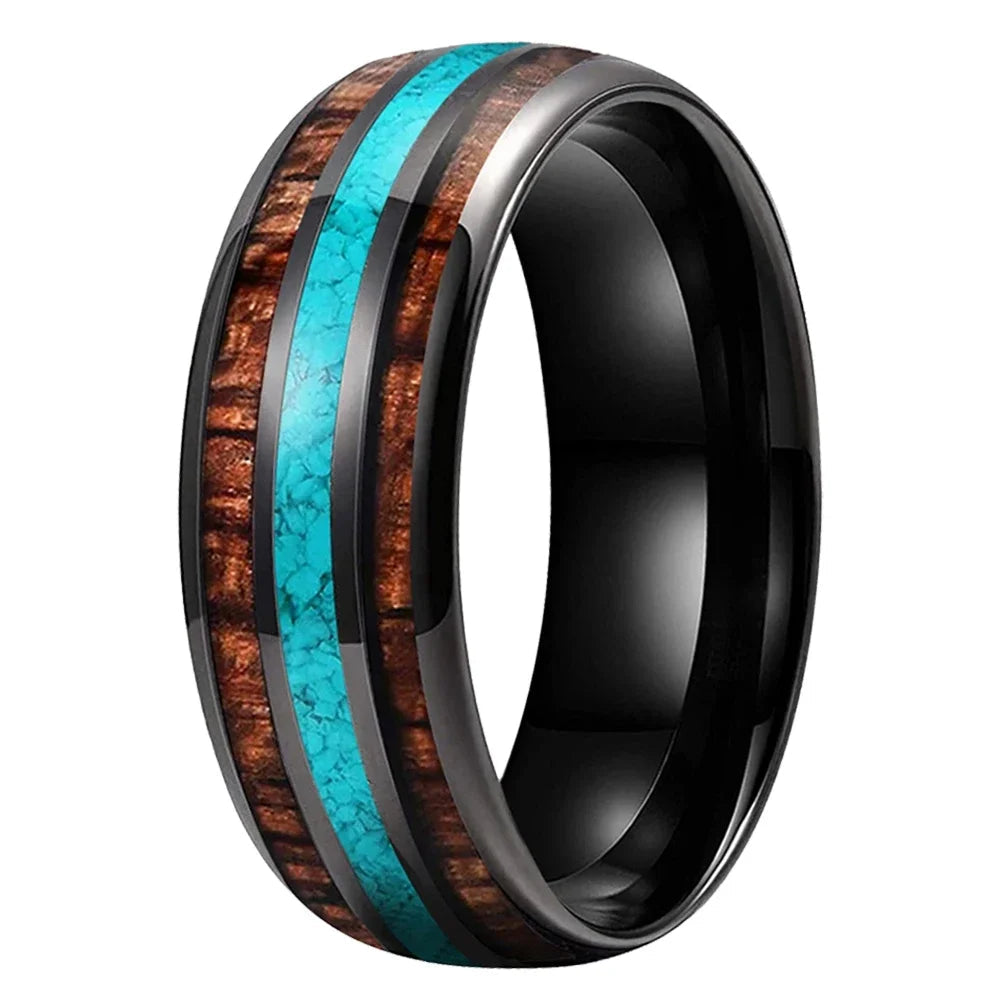 Tungsten Ring – Turquoise & Koa Wood Inlay.
