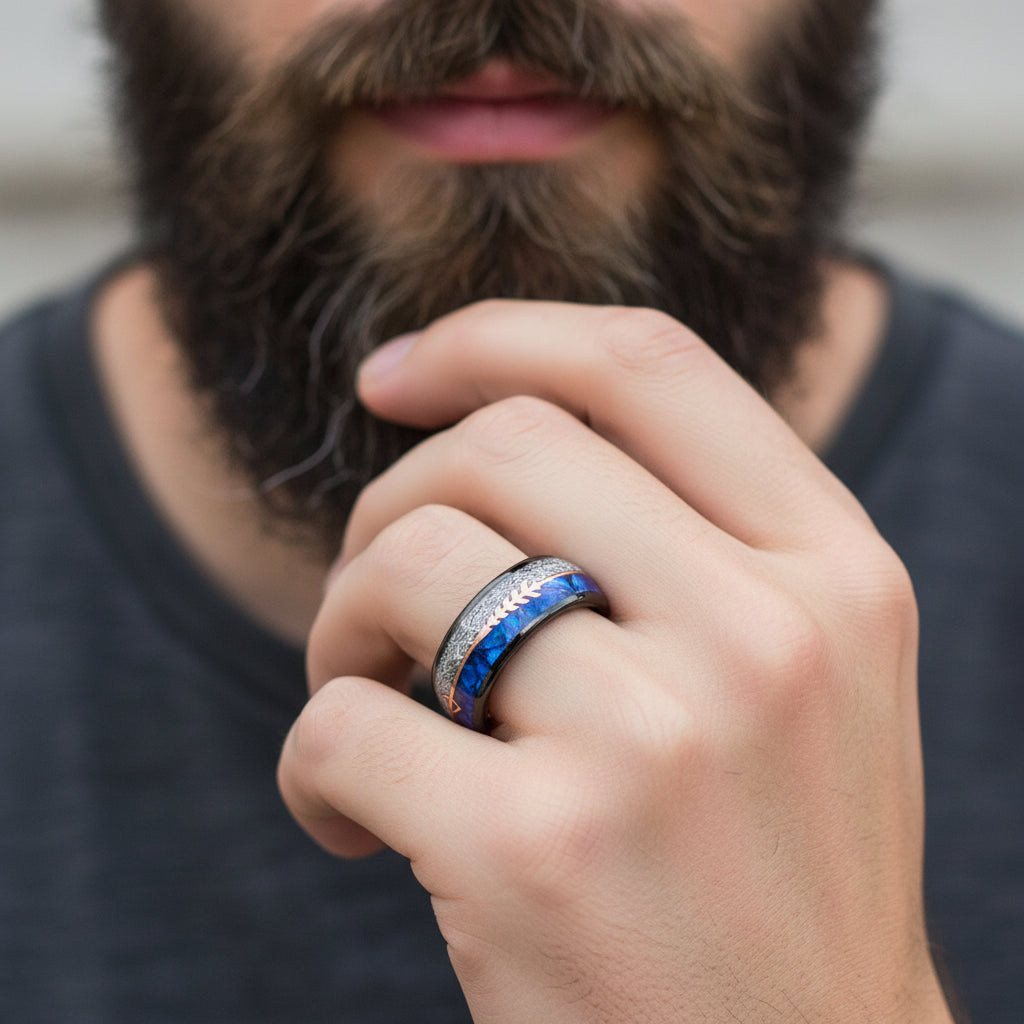 8mm_Tungsten_Ring__Meteorite__Blue_Crushed_Shell_Arrow_Inlay