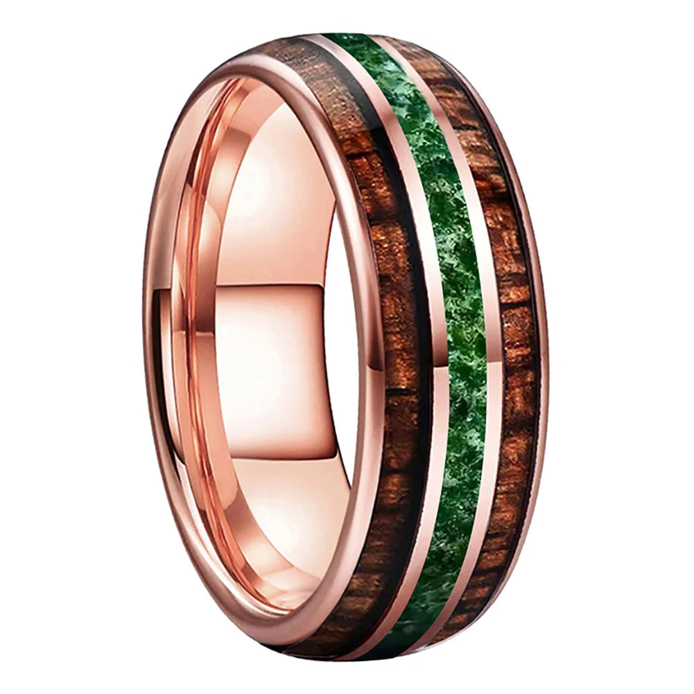 8mm Tungsten Ring with Koa Wood & Moss Agate Inlay