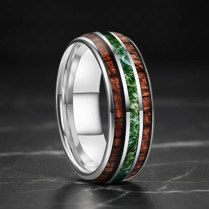 8mm Tungsten Ring with Koa Wood & Moss Agate Inlay