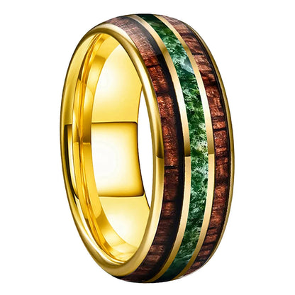 8mm Tungsten Ring with Koa Wood & Moss Agate Inlay