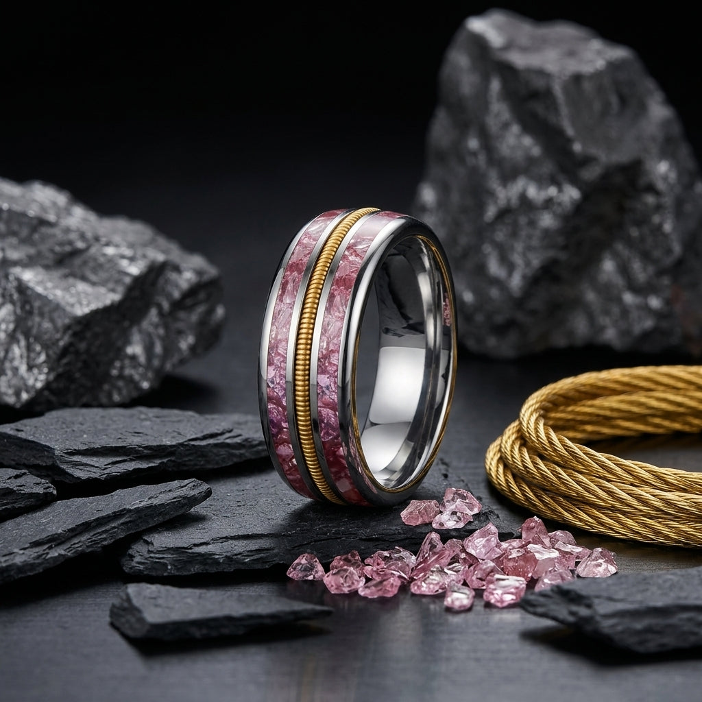 8mm Tungsten Ring with Pink Crystal & Guitar String Inlay