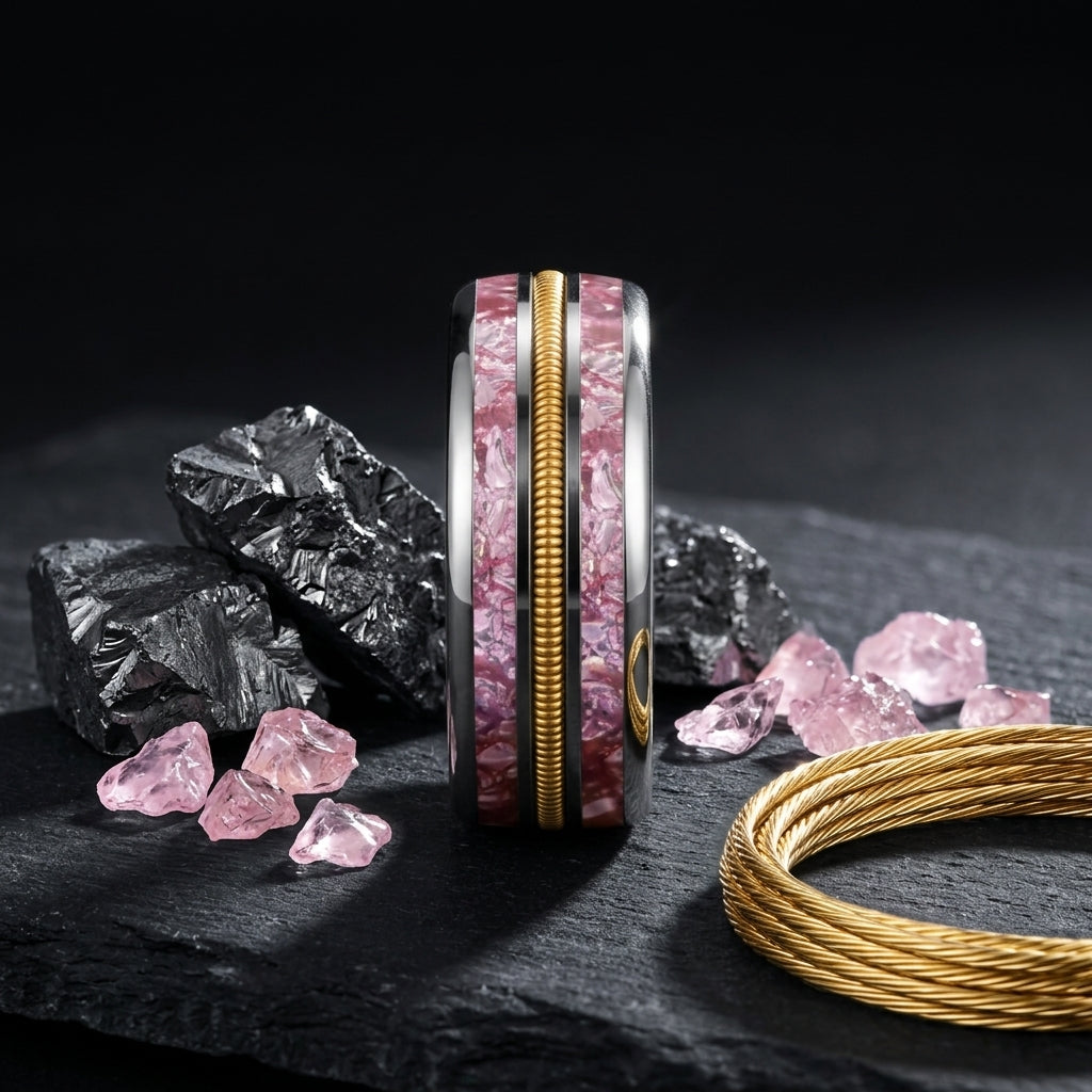 8mm Tungsten Ring with Pink Crystal & Guitar String Inlay