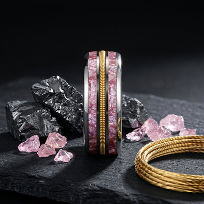 8mm Tungsten Ring with Pink Crystal & Guitar String Inlay