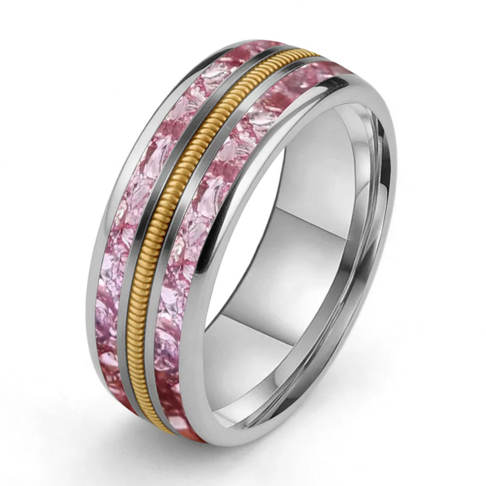 8mm Tungsten Ring with Pink Crystal & Guitar String Inlay