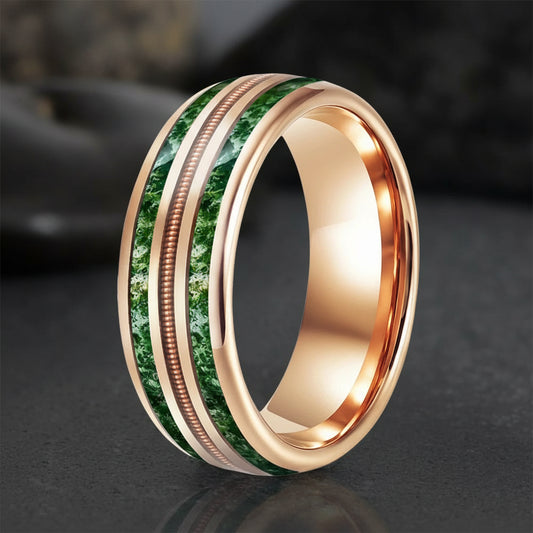 8mm Tungsten Ring with Rose Gold Guitar String & Moss Agate Inlay