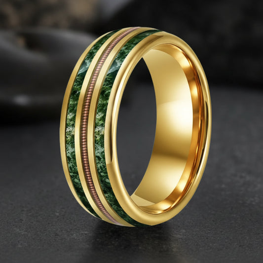 8mm Tungsten Ring with Rose Gold Guitar String & Moss Agate Inlay