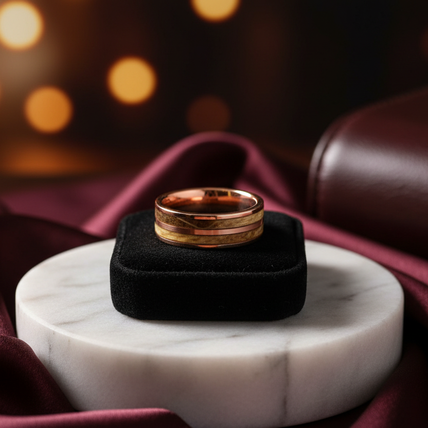 8mm Tungsten Ring with Whiskey Wood Inlay