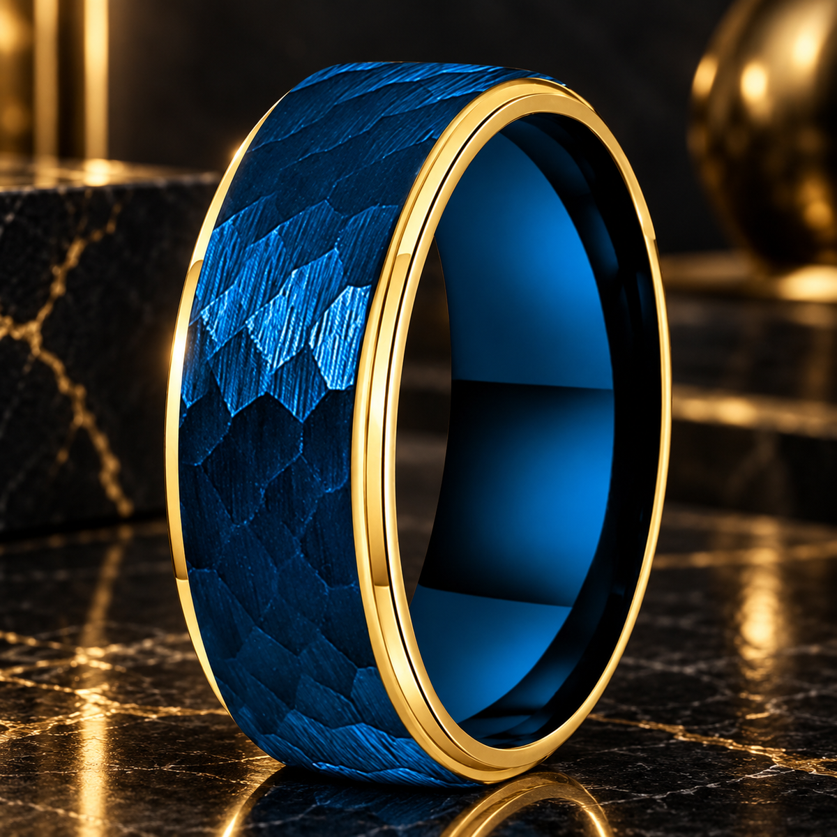 8mm Two Tone Hammered Tungsten Ring with Stepped Finish