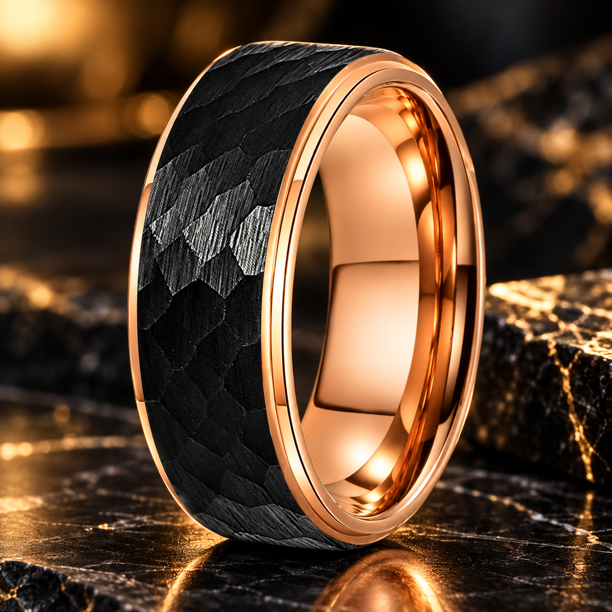 8mm Two Tone Hammered Tungsten Ring with Stepped Finish