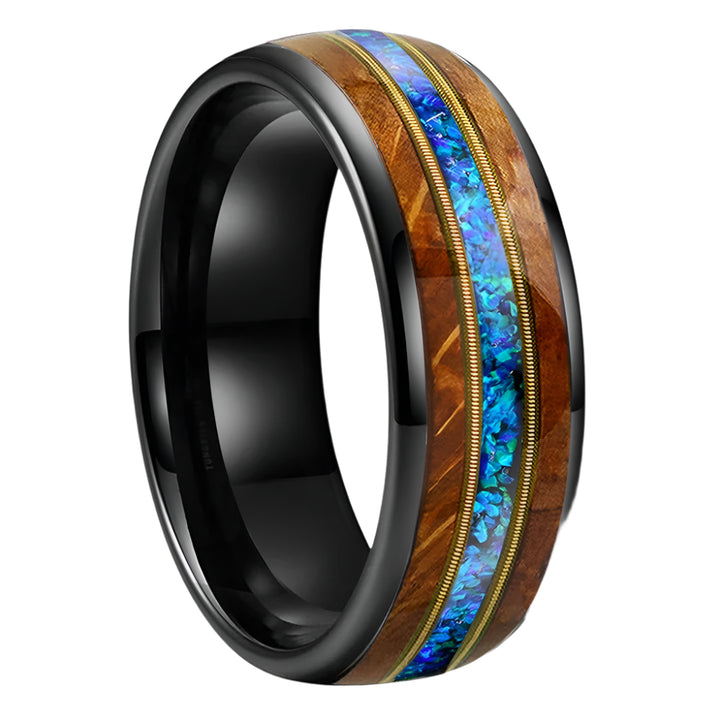 8mm Whiskey Wood Tungsten Ring with blue Opal Inlay