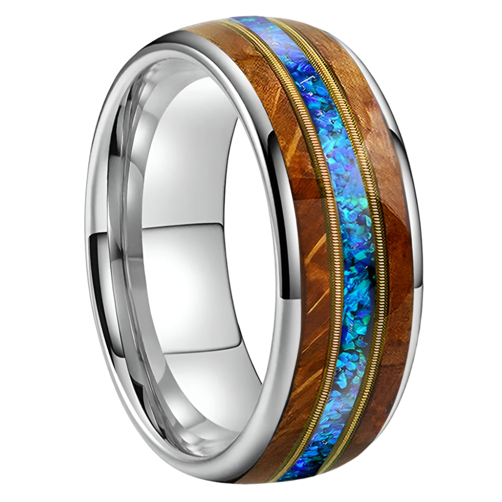 8mm Whiskey Wood Tungsten Ring with blue Opal Inlay