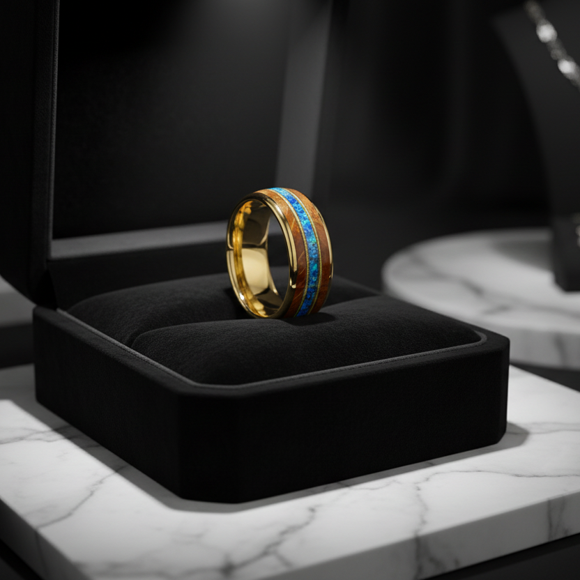 8mm_Whiskey_Wood_Tungsten_Ring_with_blue-Opal_Inlay