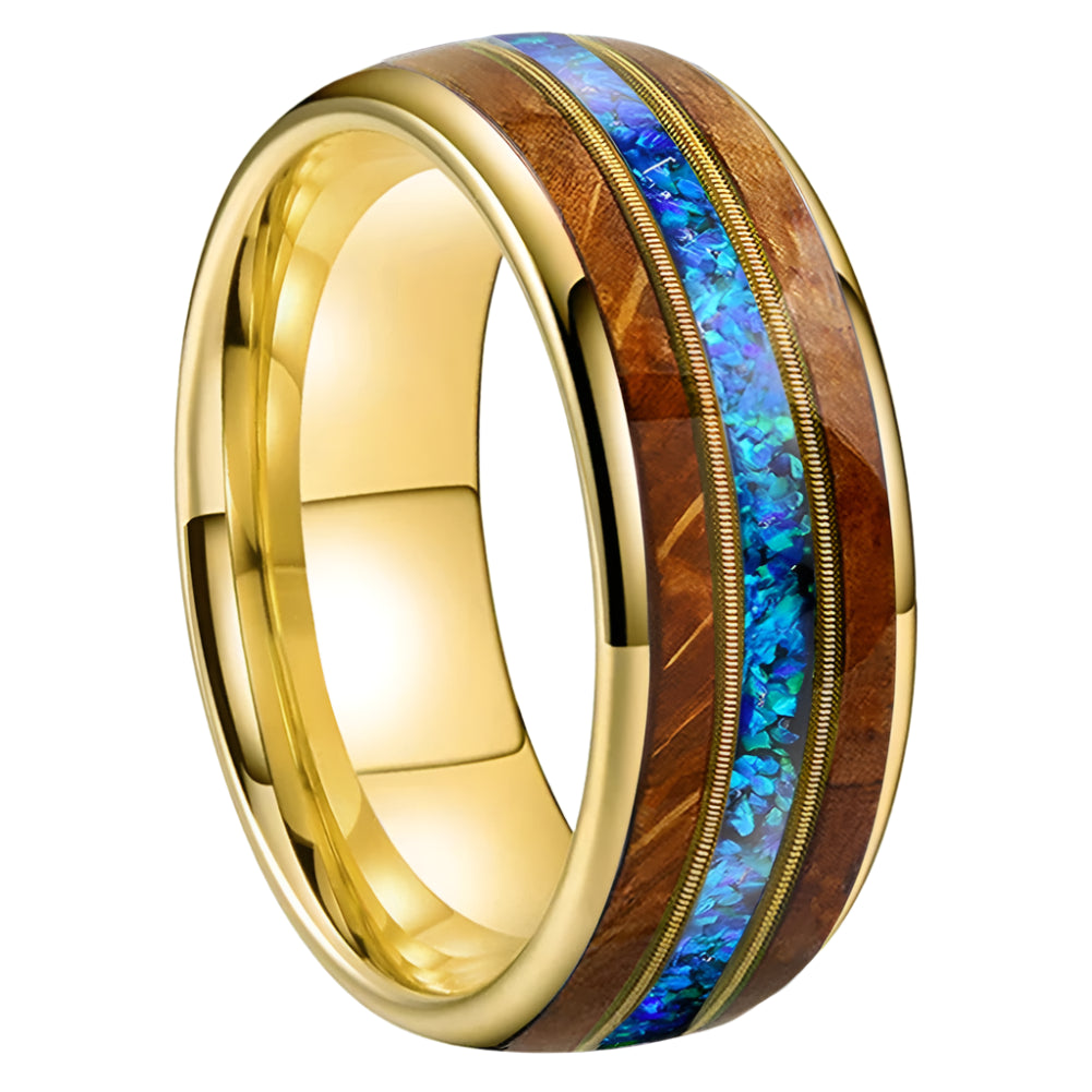 8mm Whiskey Wood Tungsten Ring with blue Opal Inlay